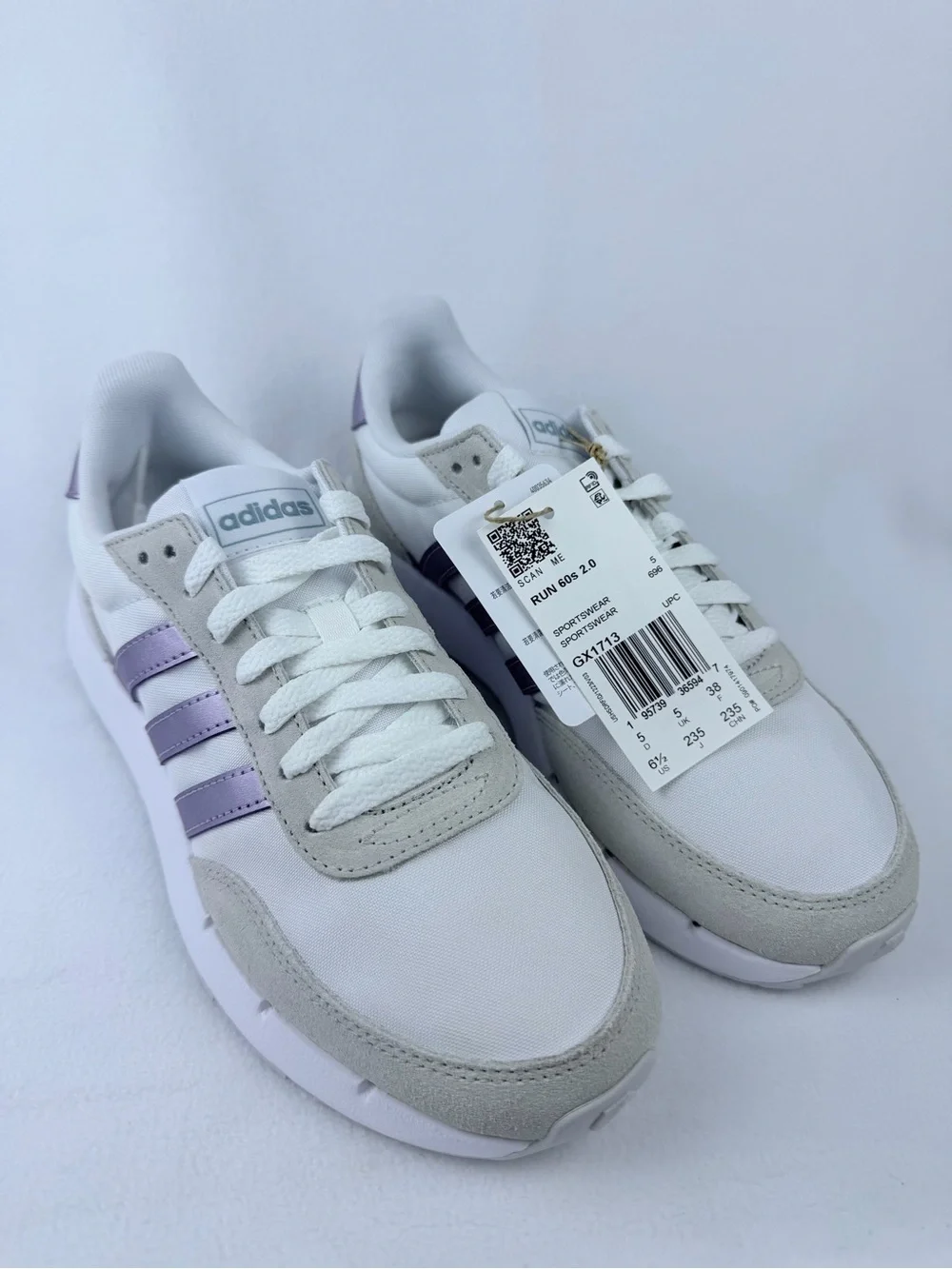 NWT Adidas Run 60s 2.0 Women’s Sneakers – White & Metallic Purple – Size 6.5